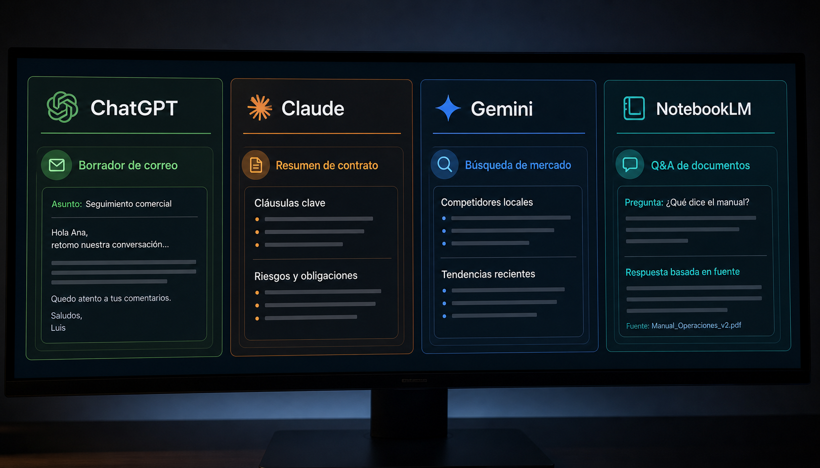 Las cuatro herramientas de IA: ChatGPT, Claude, Gemini y NotebookLM