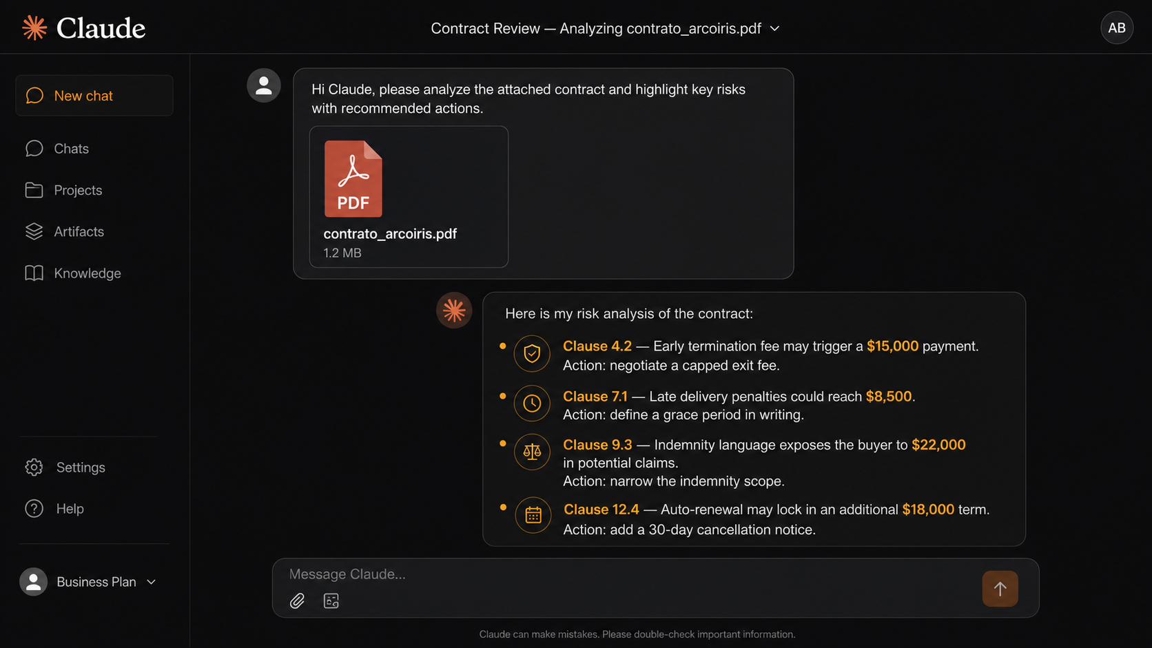 Claude analizando el contrato_arcoiris.pdf con análisis de riesgos por cláusula
