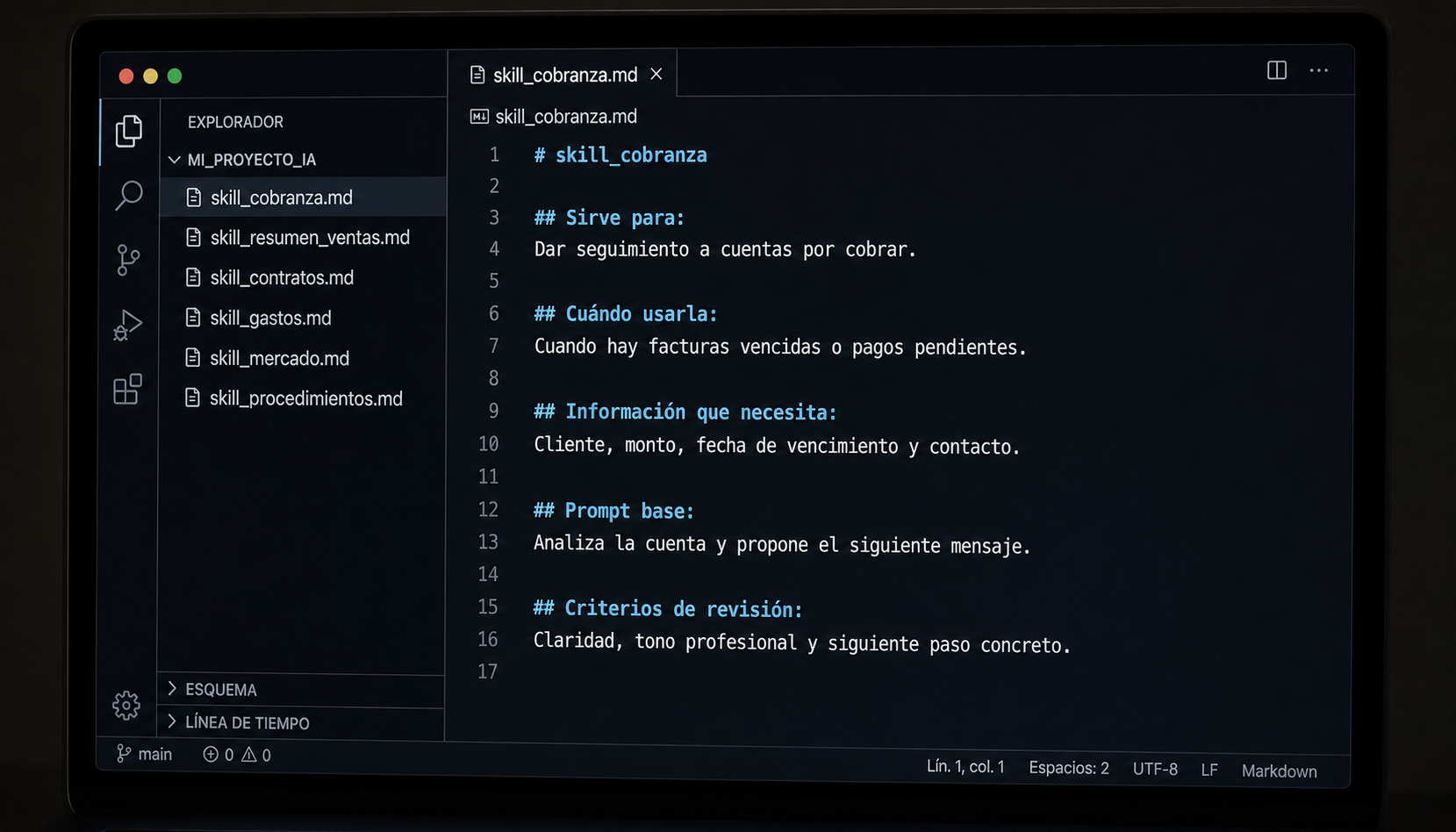 Carpeta de proyecto con skills organizados en VS Code