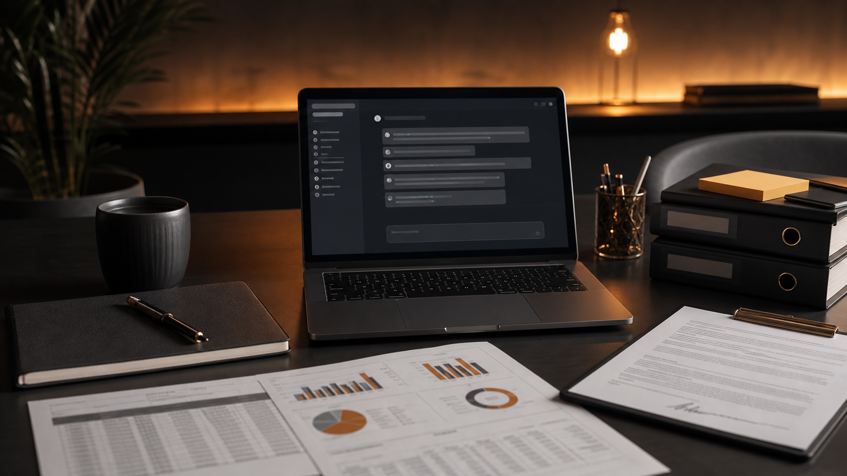 Mesa de trabajo con laptop, documentos y graficas para aplicar IA al trabajo real
